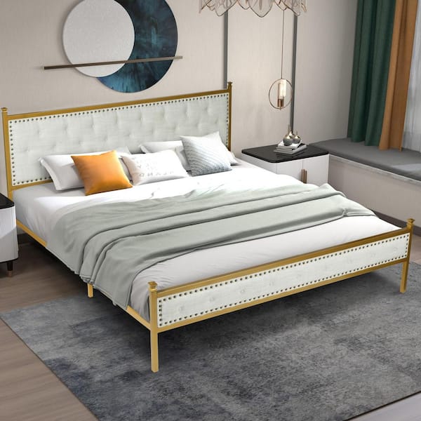 Homy Casa VELEDA Beige Fabric Luxury Tufted Upholstered Metal Frame King Size Platform Bed Frame with Box Spring Not Required