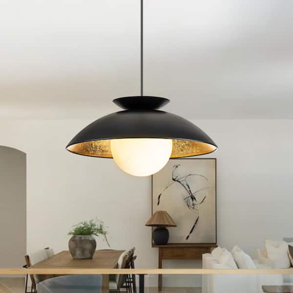 RRTYO Paquette 1-Light Black/Gold Leaf Farmhouse Wood Bowl Dome Opal Glass Bubble Pendant Light with Frosted Opal Glass Globe