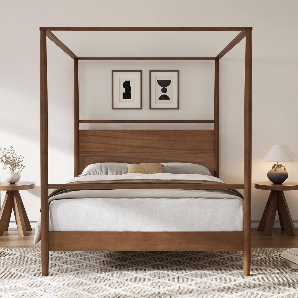 Walnut Wood Frame King Size Canopy Bed, 4-Posters Bed - thumbnail 7