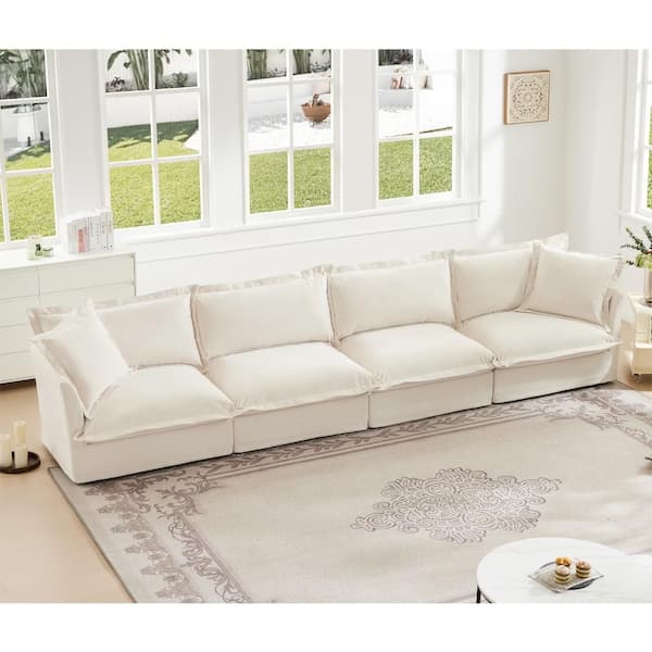 156.6 in Wide Straight Arm Chenille Rectangle Reclining Sofa with Removable Covers in Cream