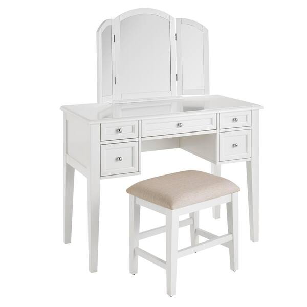 Tri Fold Mirror And Upholstered Stool, Makeup Vanity Tri Fold Mirror