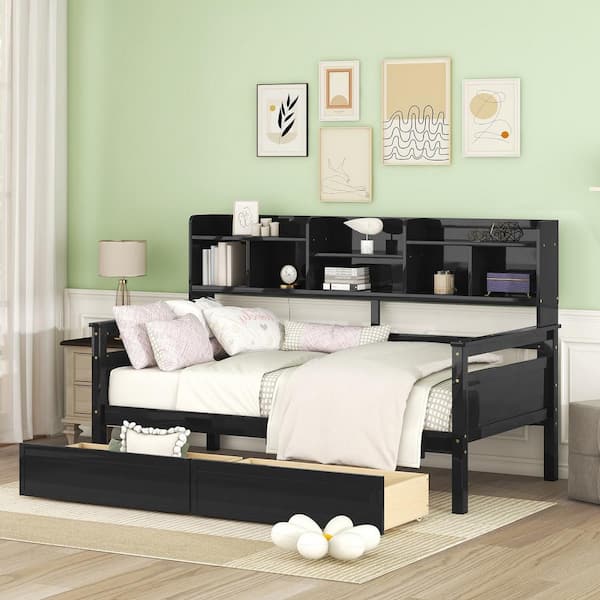 Harper & Bright Designs Espresso Twin Size Wood Daybed with Bedside Shelves and 2 Drawers