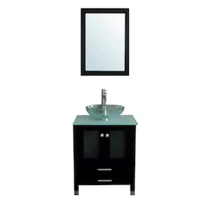 24 in. W x 21.7 in. D x 29.5 in. H Single Sink Bath Vanity in Black with Glass Top and Mirror