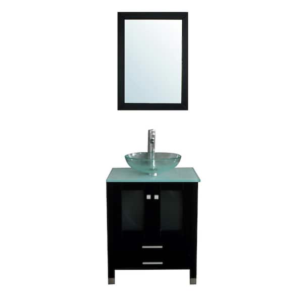 Wonline 24 in. W x 21.7 in. D x 29.5 in. H Single Sink Bath Vanity in Black with Glass Top and Mirror