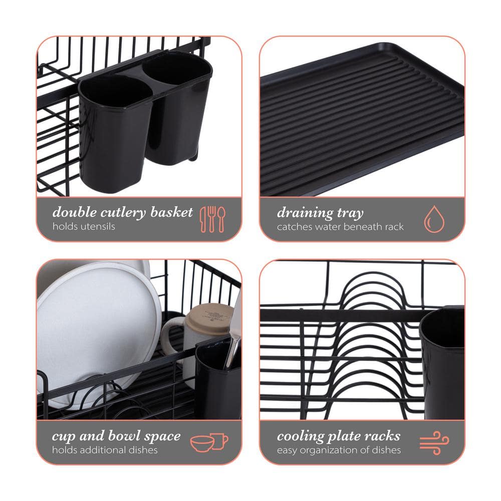 Acacia Wood and Black Metal Dish Drying Rack with Utensil Cup