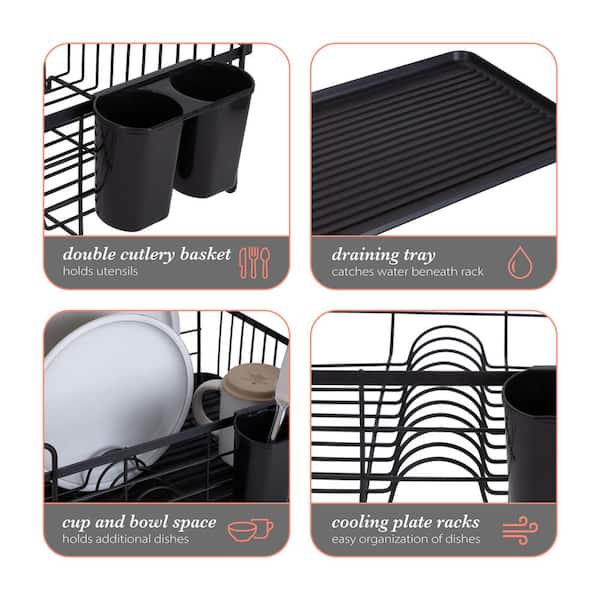 Kitchen Details Acacia Wood Dish Rack with Draining Tray in Black