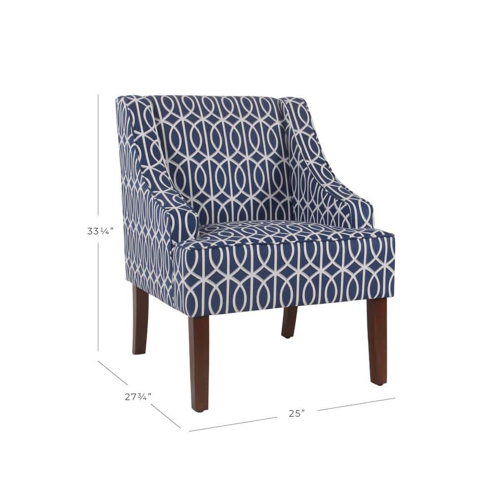 Classic Blue Trellis Swoop Arm Accent Chair with Wood Legs
