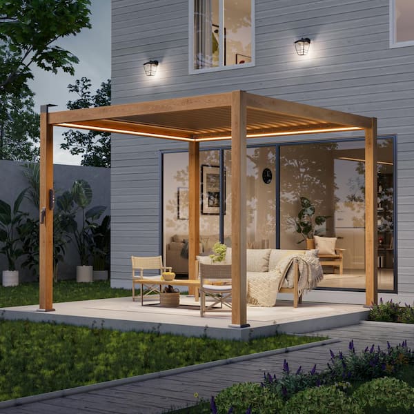 10 ft. x 10 ft. Modern Aluminum Pergola with Adjustable Louvers, LED Lights and Solar Charging, Wood Grain