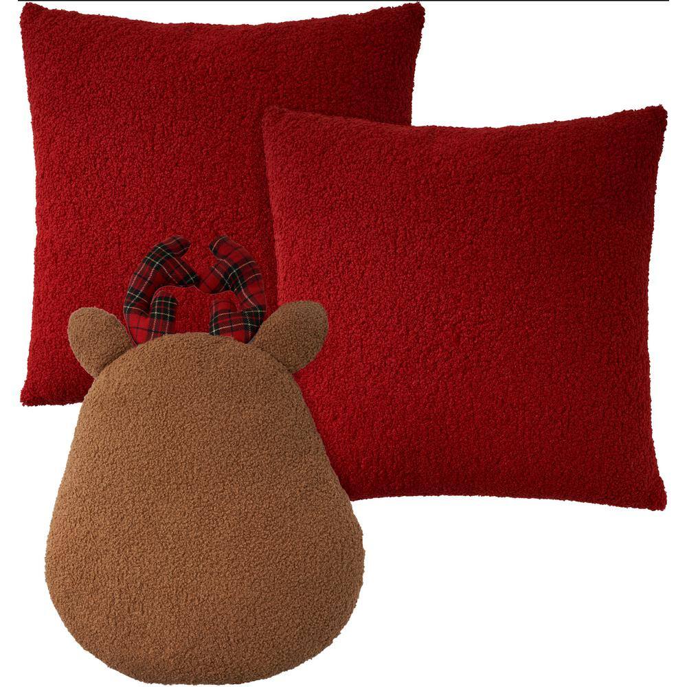 Holiday Plaid Red and Brown Faux Shearling Reindeer Pillow Set
