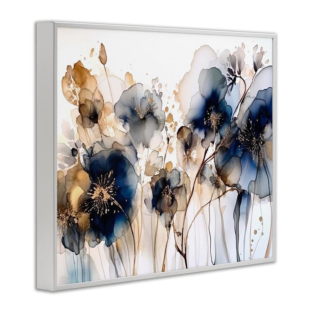 Navy and Gold Abstract Floral Canvas Print with White Frame