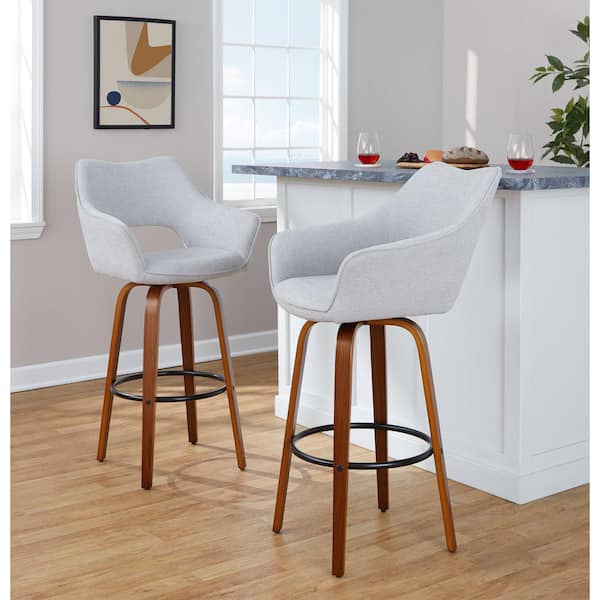 Lumisource Mustang 30.25 in. Grey Fabric, Walnut Wood, and Black Metal Fixed-Height Barstool (Set of 2)