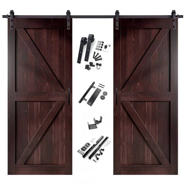 HOMACER 54 in. x 84 in. K-Frame Red Mahogany Double Pine Wood Interior Sliding Barn Door with Hardware Kit, Non-Bypass