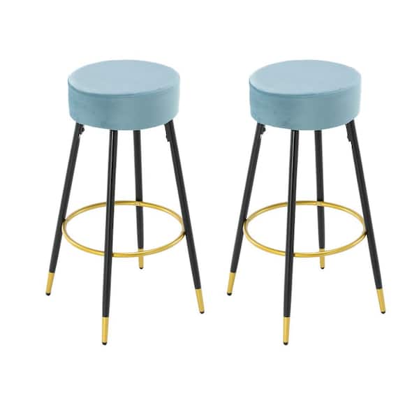 FORCLOVER 30.3 in. Bar Height Light Blue Backless Metal Upholstered Velvet Bar Stool with Footrest (Set of 2)