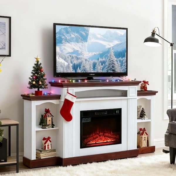 71.1 in. Freestanding Mantel Shelf 23 in. Electric Fireplace with LED Flame 3 Brightness Levels Timer Remote in White