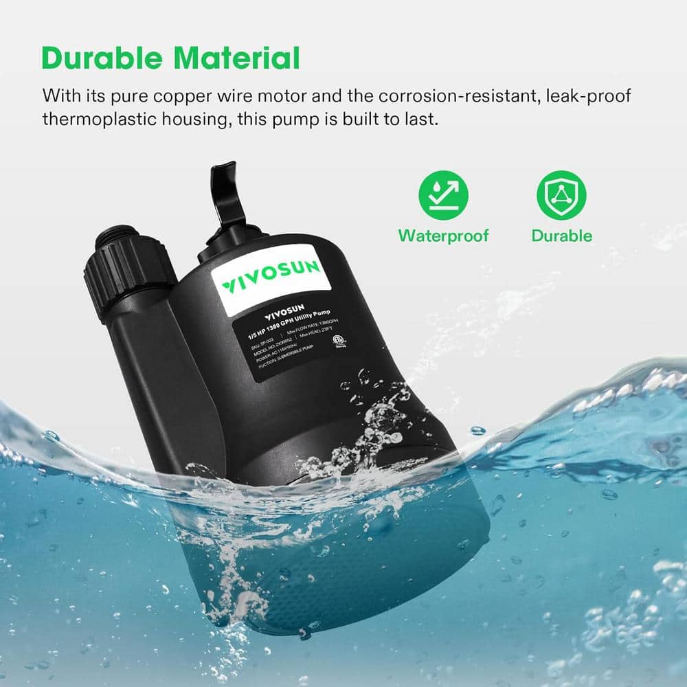 Black Thermoplastic 1/5HP Submersible Utility Pump with 10ft Cord
