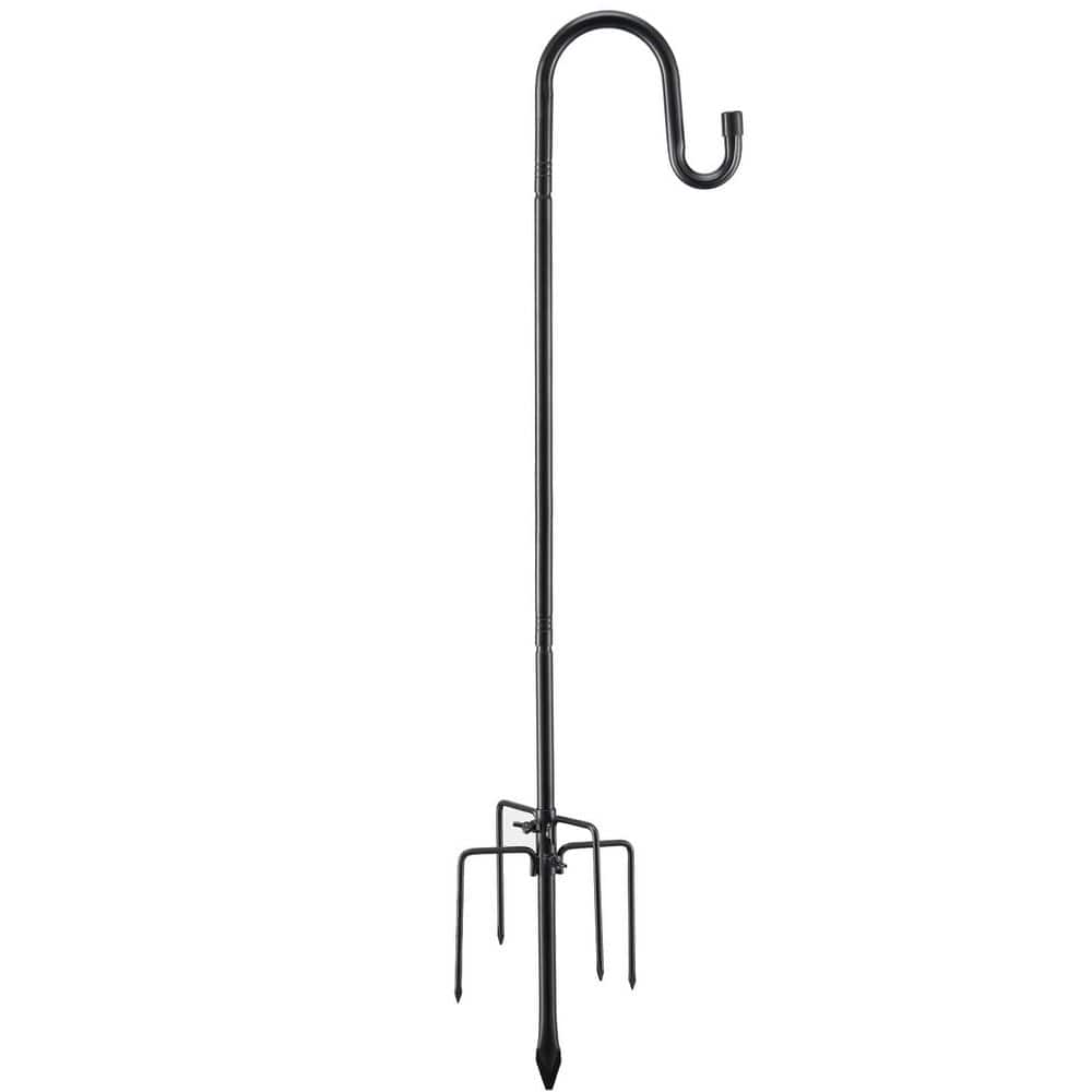 62 in. Black Adjustable Pole Steel Shepherds Hook with 5 Prong Base, Garden