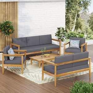 Magnolia Teak Brown 5-Piece Wood Patio Conversation Seating Set with Dark Grey Cushions