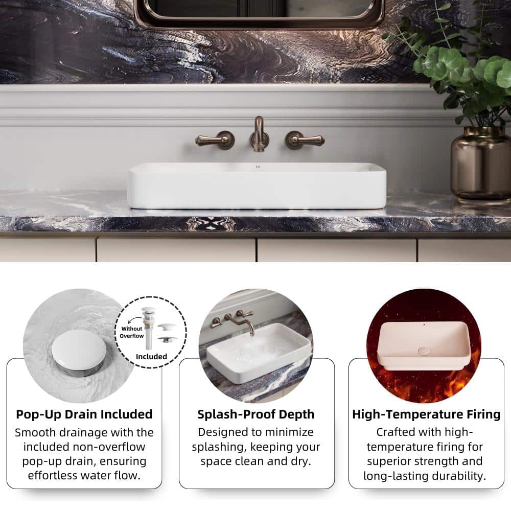 Glossy White Ceramic Rectangular Drop-In Bathroom Sink