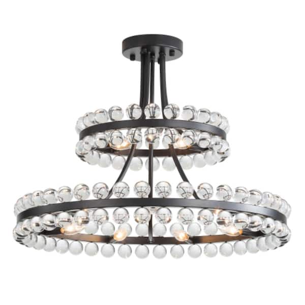 27 in Black 12-Light 2-Tier Crystal Ball Chandelier Modern Elegant Pendant Light for Dining Room Living Room