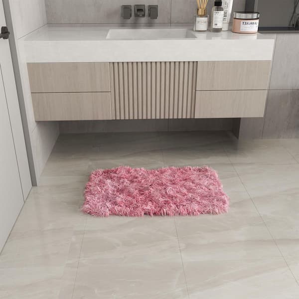 Pink 3-Piece Shaggy Bath Mat Set, Bathroom Rugs with U-Shaped Rug and Toilet Lid Cover, Non-Slip Soft Floor Mat