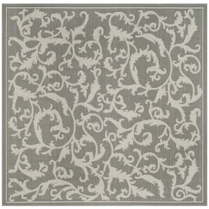 Courtyard Anthracite/Light Gray 7 ft. x 7 ft. Square Floral Indoor/Outdoor Patio  Area Rug
