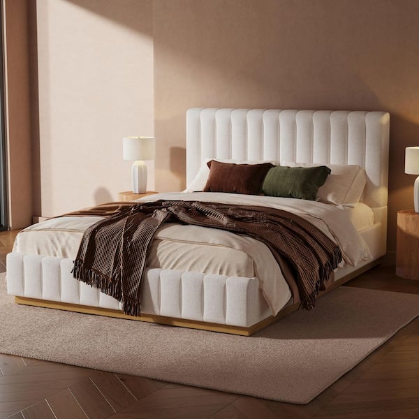 Corvenza Modern Beige Wood Frame Queen Size Platform Bed with Tufted Linen Upholstered Thick Headboard
