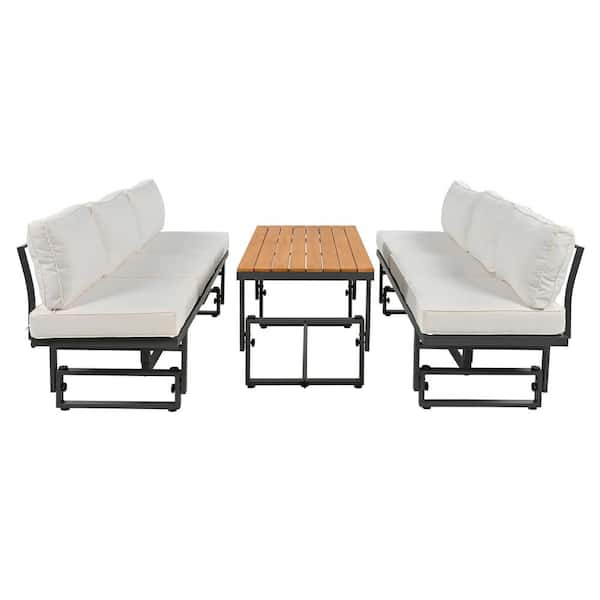 Zeus & Ruta 7-Piece Metal Outdoor Sectional Set with Height-adjustable Seating and Coffee Table Beige Cushions for Outdoor, Garden