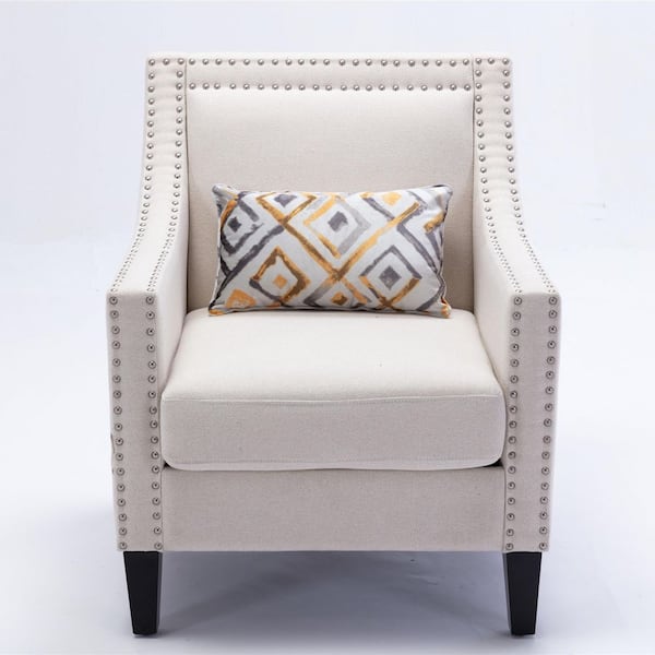 ANBAZAR Beige Linen Fabric Upholstery Accent Arm Chair (Set of 1) Upholstered Arm Chair with Nailheads and Solid Wood Legs