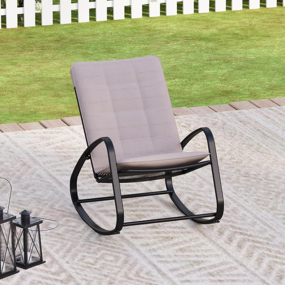 PHI VILLA Black Metal Outdoor Rocking Chair with Gray Cushions THDE070