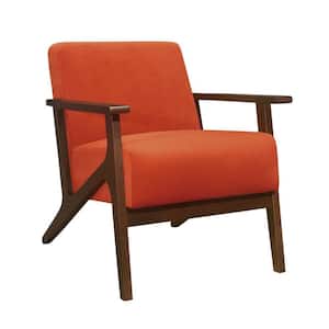 Orange and Brown Velvet Arm Chair with Attached Back and Cushioned Seat