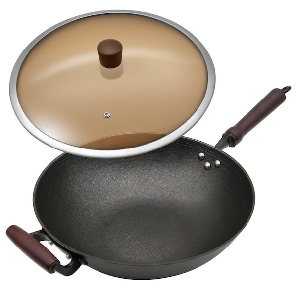 Pre-Seasoned Cast Iron Flat Bottom Wok with Glass Lid, Coating-Free Nonstick for Induction, Gas, Electric & Open Fire