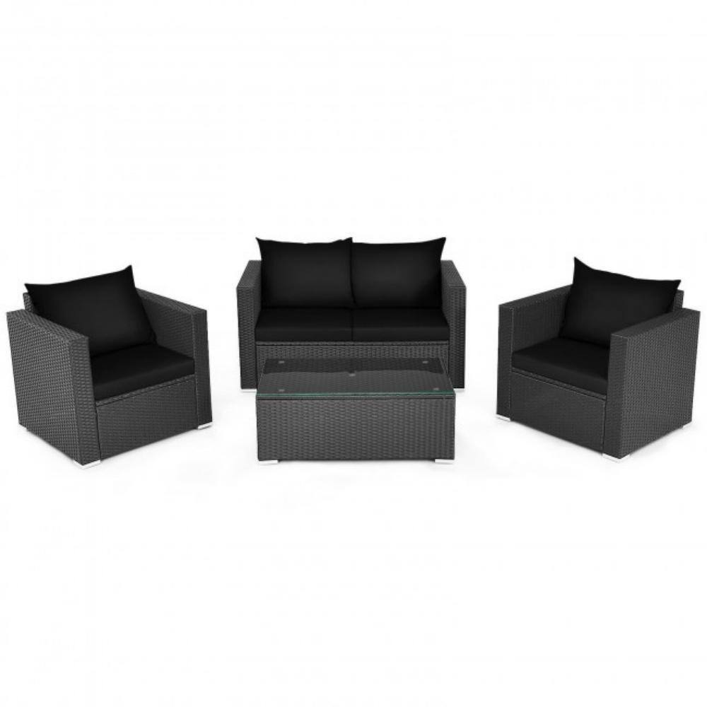 FORCLOVER 4 Pieces Patio Rattan Cushioned Furniture Set with Black Cushions CWT4PABK65410