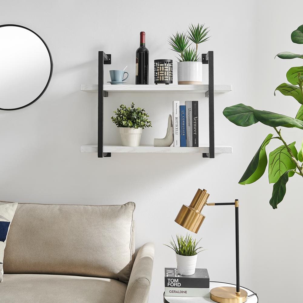 White Birch and Black Iron 2-Tier Floating Wall Shelf