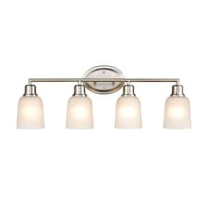 Amberle 28 in. 4-Light Brushed Nickel Vanity Light with Frosted White Glass Shade