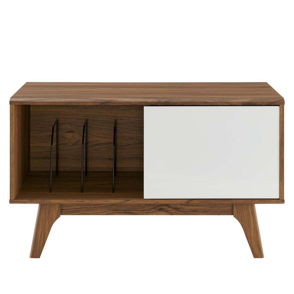 Envision Walnut & White Vinyl Record Display Stand with Sliding Door