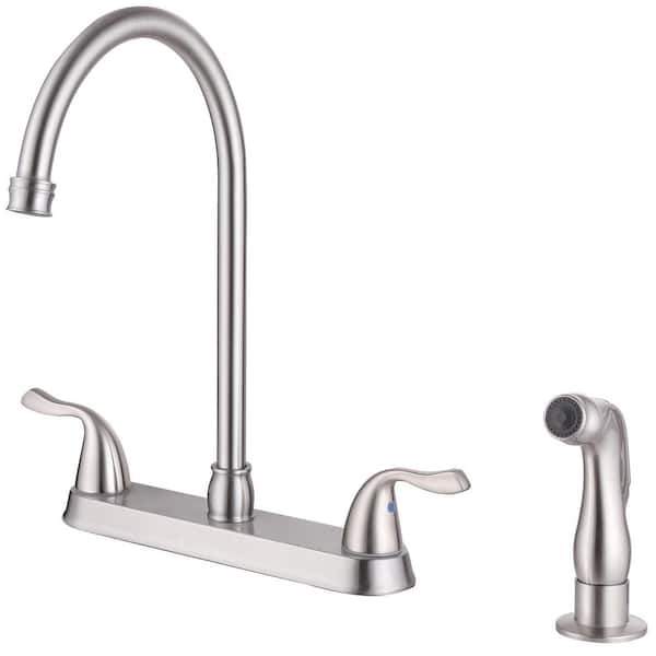 2-Handles Deck Mount 8 Inch Centerset Standard Kitchen Faucet with Side Sprayer 3 Hole or 4 Hole in Brushed Nickel