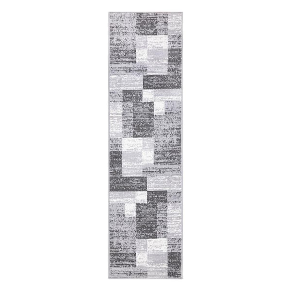 World Rug Gallery Gray 2 ft. x 7 ft. Modern Geometric Boxes Gray Runner Area Rug