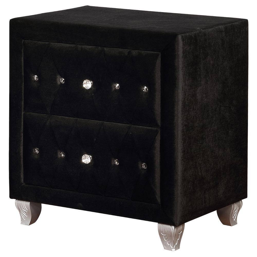 Deanna Black Velvet 2-Drawer Nightstand with Crystal Knobs