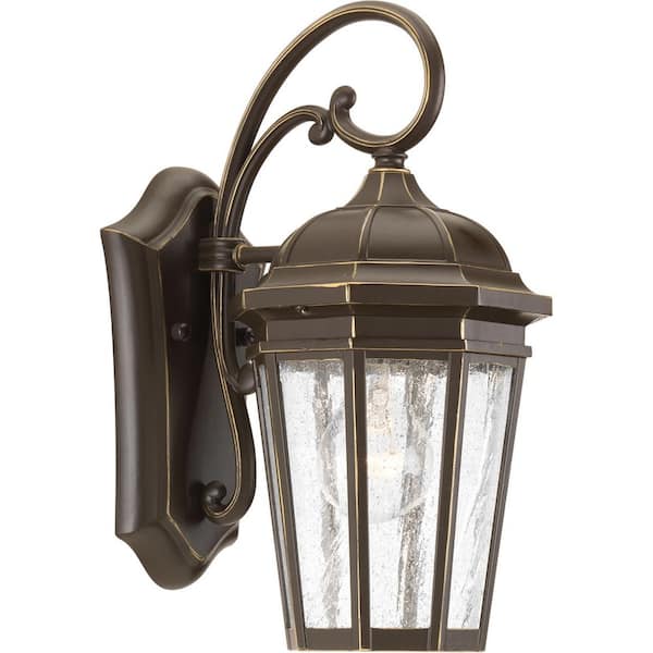 Progress Lighting Verdae Collection 1-Light Antique Bronze Clear Seeded Glass New Traditional Outdoor Small Wall Lantern Light