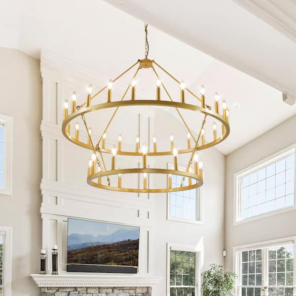 Magic Home 47 in. 36-light Gold 2 Tier Extra Large Farmhouse Wagon Wheel Loft Retro Round Chandelier for Living Room Foyer Cafe Bar