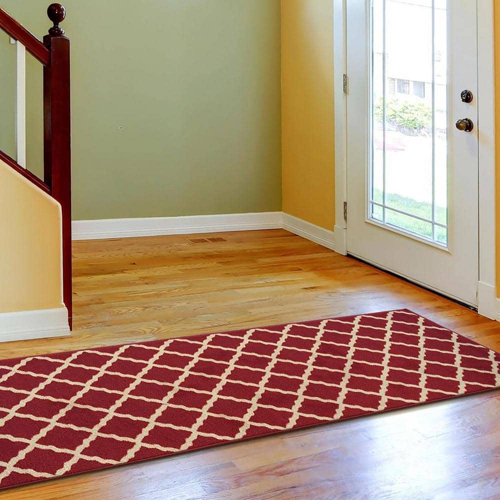 Red Trellis Design Washable Non-Slip Runner Rug