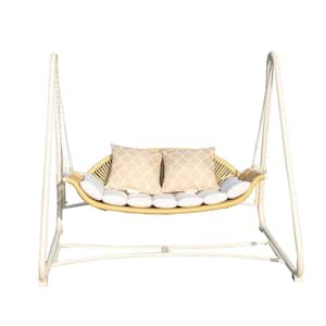 68.5 in. W 2-Person White Metal Patio Swing with Cushions and Pillows