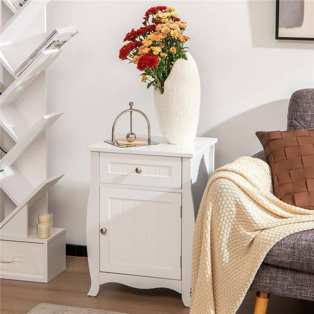 Nightstand With Drawer Cabinet Curved Legs Sofa Side End Accent Table White