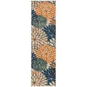 Aloha Blue Green 2 ft. x 6 ft. Floral Contemporary Runner Indoor/Outdoor Area Rug