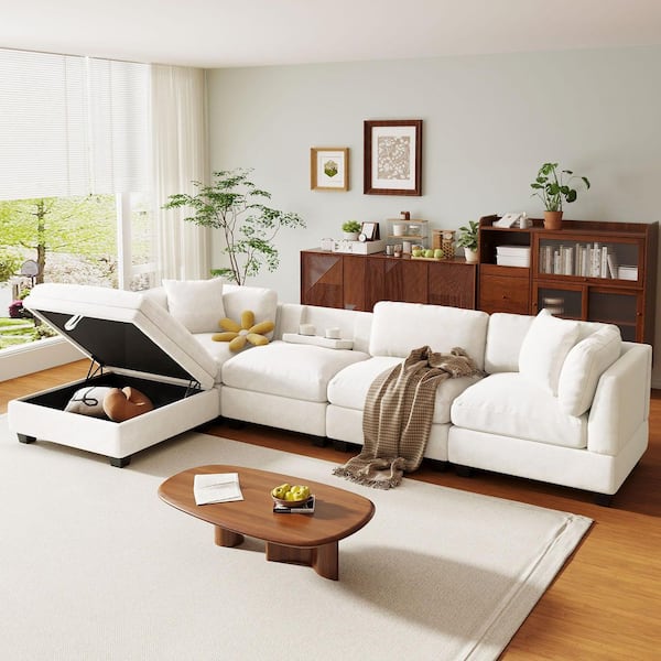 aisword 127.6 in. Modular L-Shaped Polyester 5-Seat Sectional Sofa in. Beige with Storage Ottoman, 2 Hidden Cup Holders