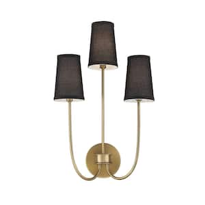 3-Light Natural Brass Wall Sconce with Black Fabric Shades