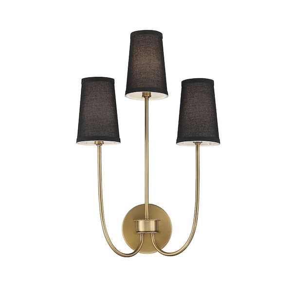 TUXEDO PARK LIGHTING 14 in. W x 22.5 in. H 3-Light Natural Brass Wall Sconce with Black Fabric Shades