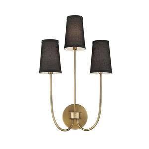 14 in. W x 22.5 in. H 3-Light Natural Brass Wall Sconce with Black Fabric Shades