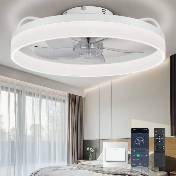 20 in. LED Indoor White Low Profile Flush Mount Ceiling Fan with Light Remote Control for Bedroom, Small Room