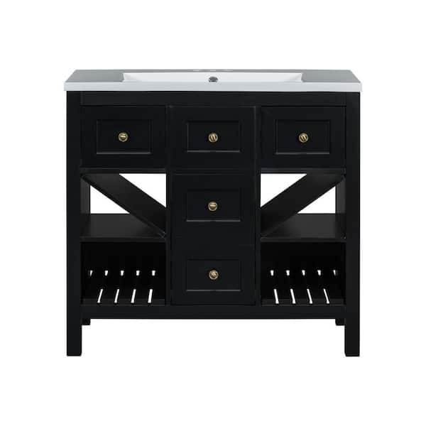 JimsMaison 36 in. W x 18 in. D x 34 in. H Freestanding Bath Vanity Set in Black with White Resin Top